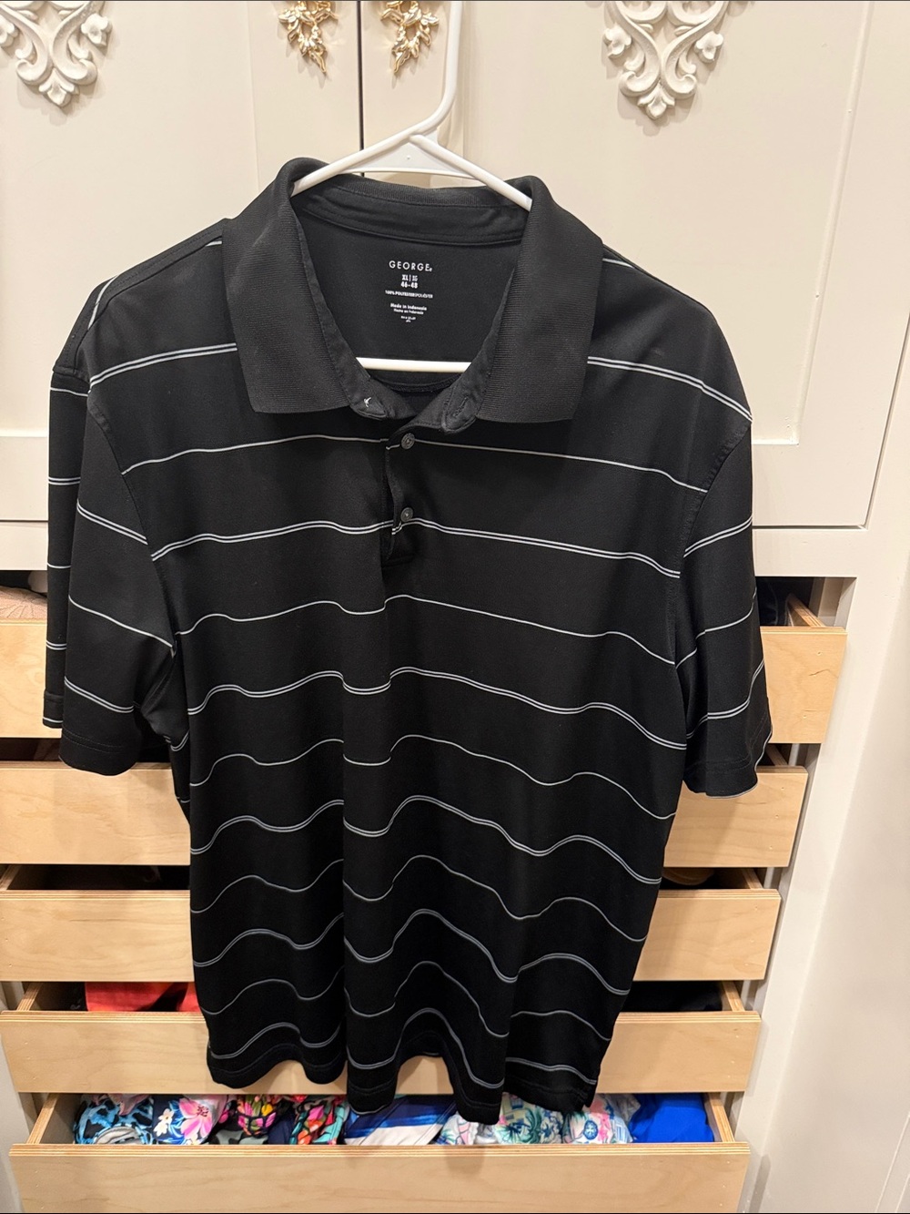 George Black Polo with Thin White Stripes
